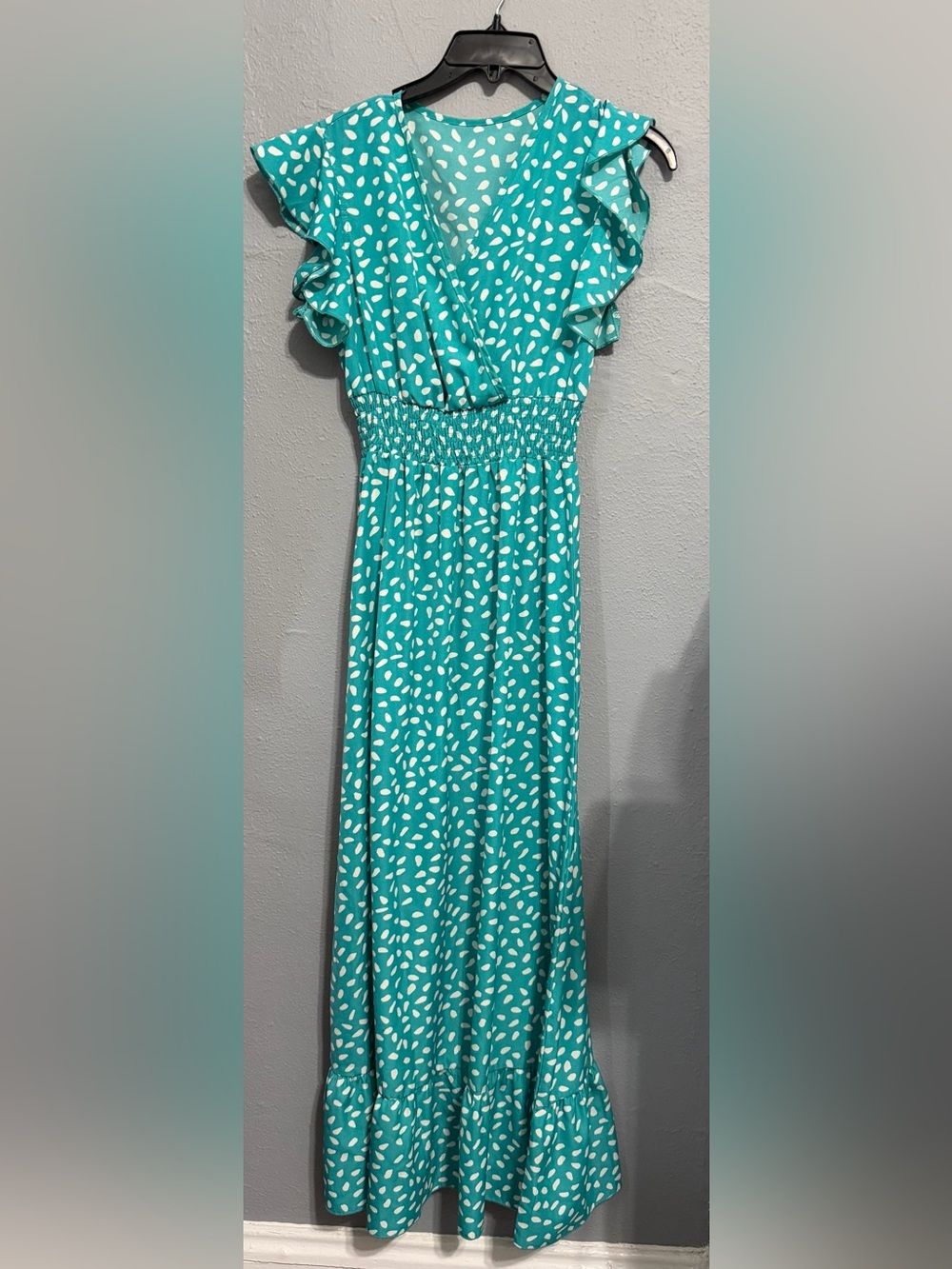 SHEIN Teal Ruffle Cap Sleeve Smocked Waist Maxi Dress with White Abstract Print